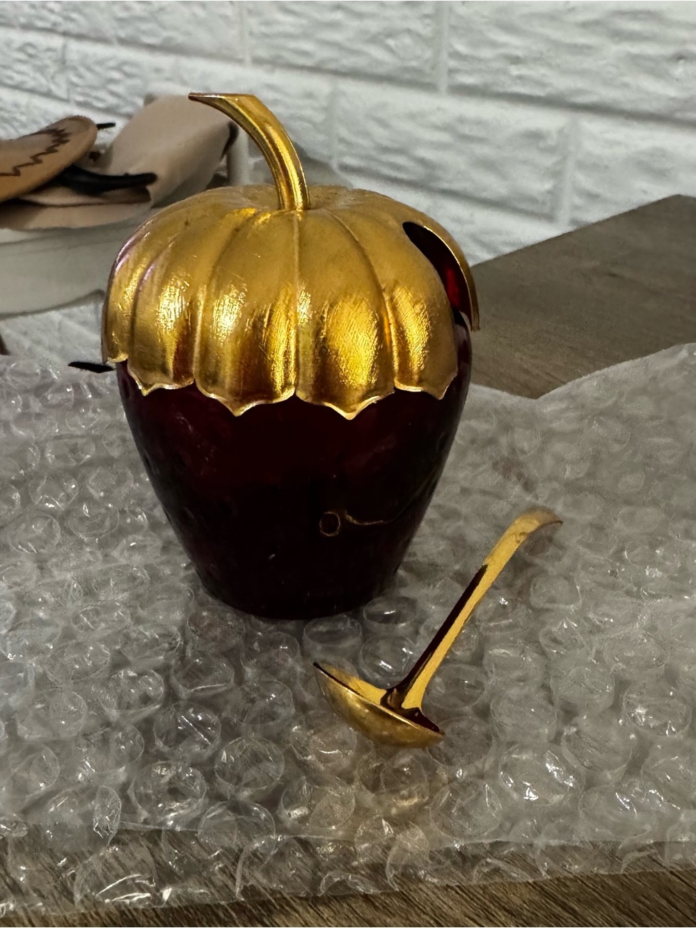Vintage AVON Ruby Red Gold Strawberry Bath Gelee Empty Jar With Lid & Spoon